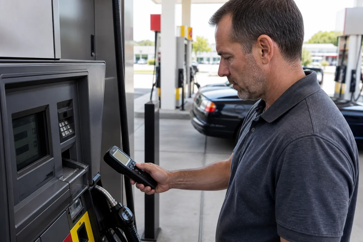A consumer examines a gas pump with a skimmer detection device in hand.