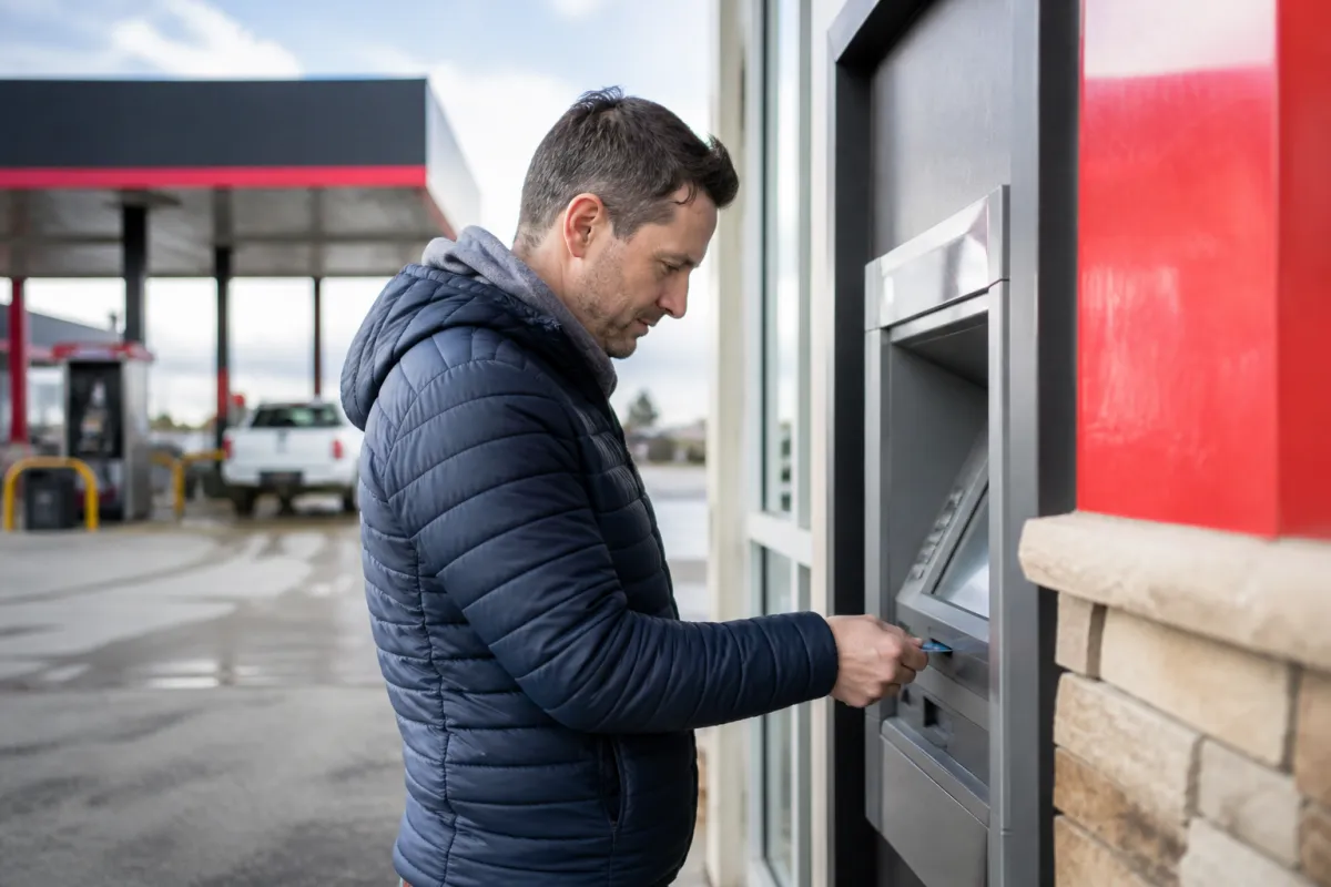 A traveler using an ATM at a Pilot Travel Center, with fuel pumps visible.