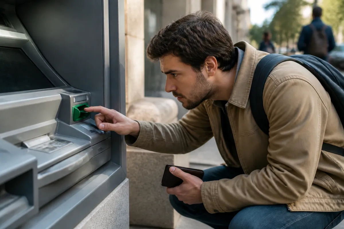 A person inspecting an ATM card reader for skimming devices outdoors.