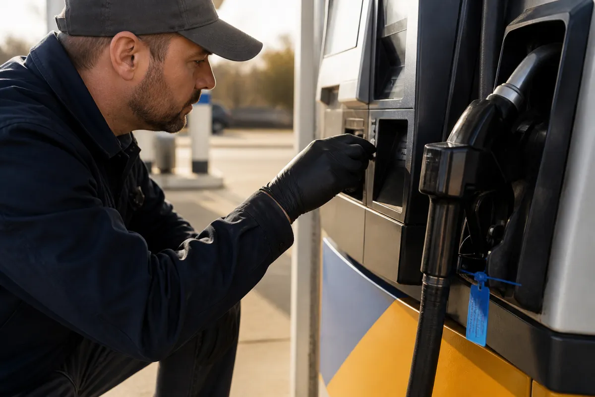 A person inspecting a gas pump's card reader for skimming devices.