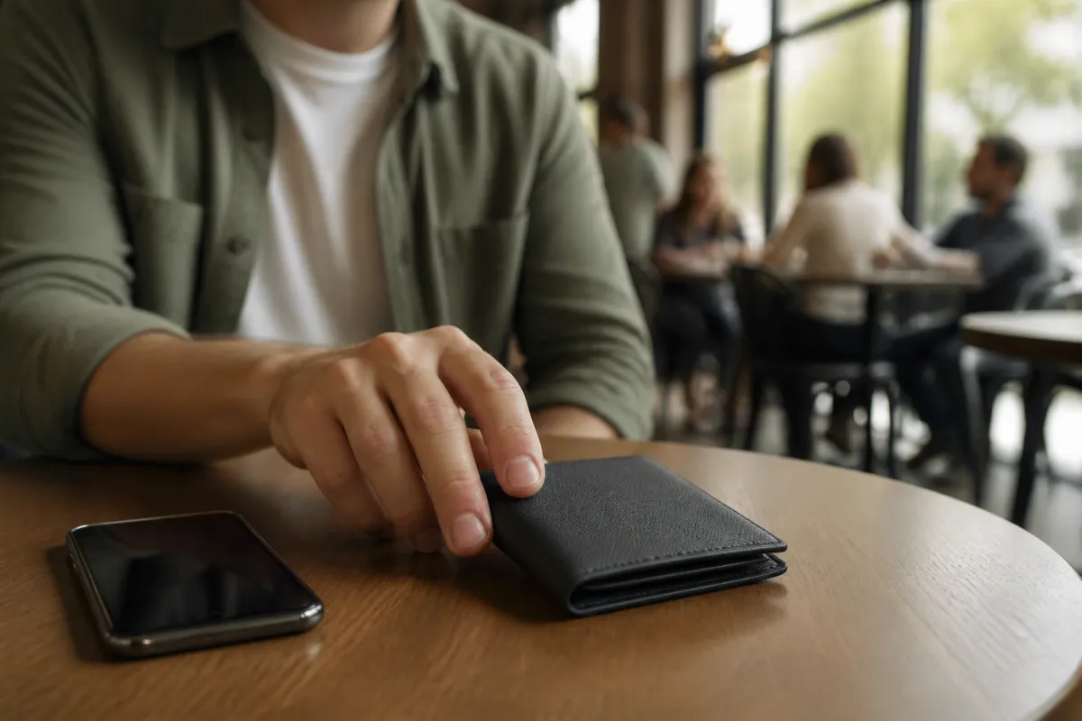 A person using an RFID-blocking wallet in a cozy café environment.