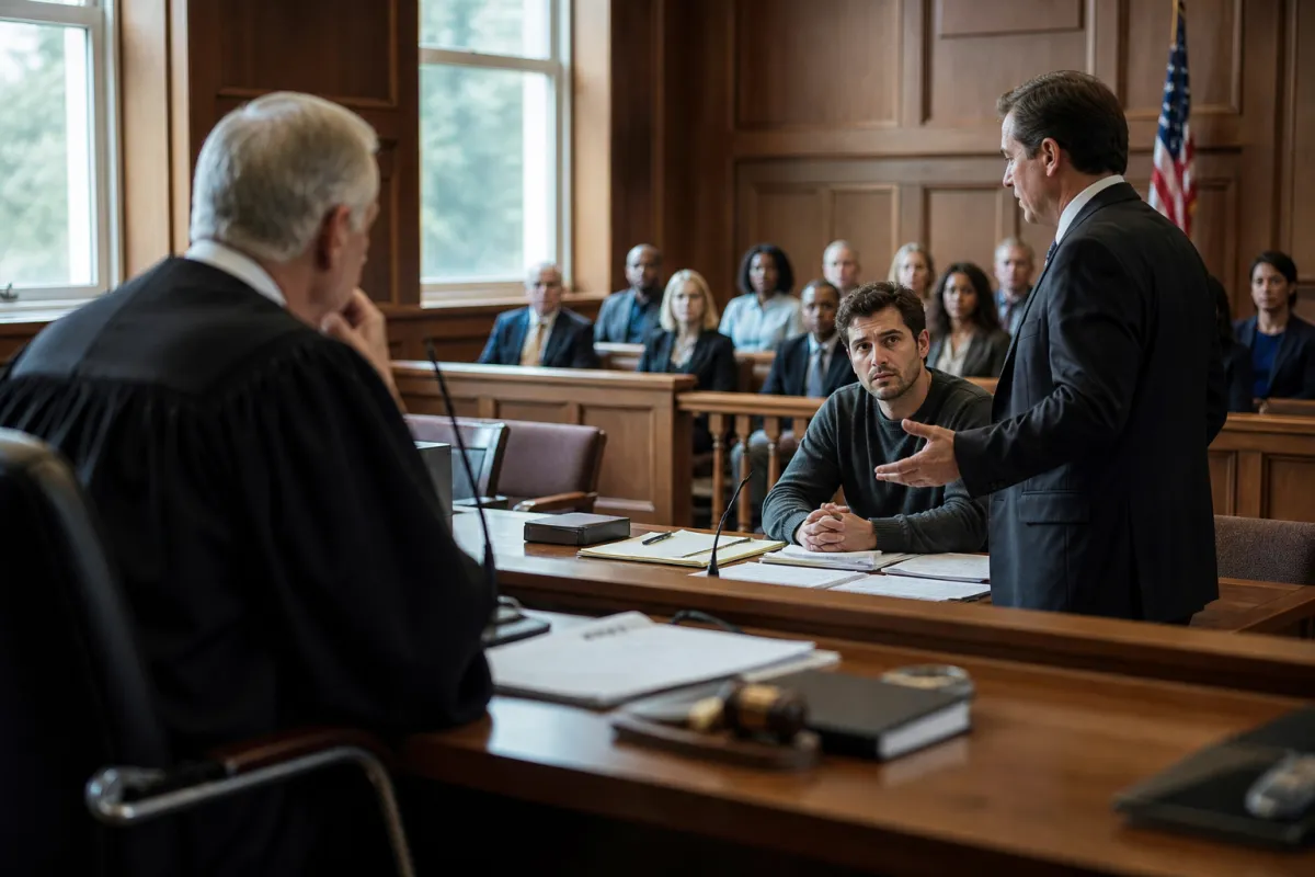 A courtroom scene with a judge and defendant discussing credit card fraud consequences.