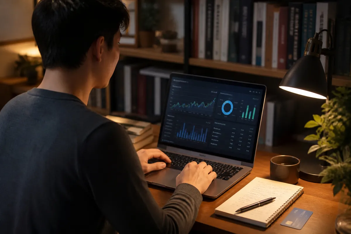 A person monitoring credit card transactions on a laptop in a home office